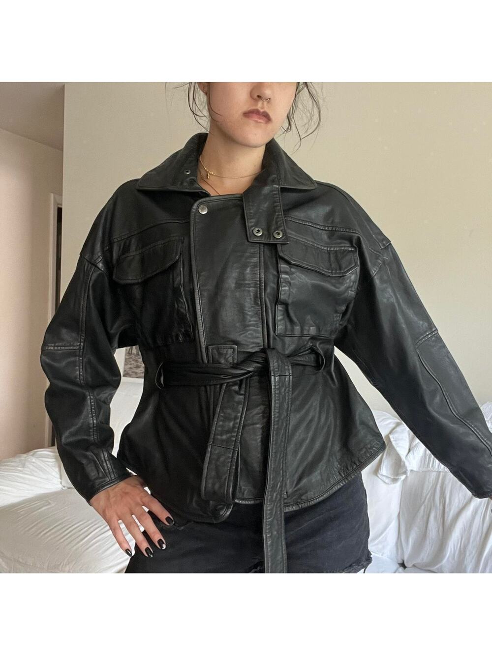 Black leather jacket with belt